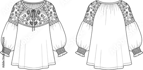 Women’s blouse technical sketch, front and back view, lace yoke detail, ruffled cuffs, keyhole neckline, fashion flat, garment construction illustration