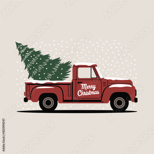 Pickup Truck Carrying Christmas Tree in Winter Holiday Scene