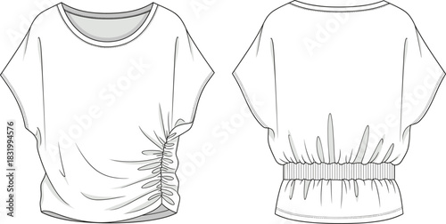 Women’s top technical sketch, front and back view, ruched waist detail, round neckline, short sleeve, fashion flat, garment construction illustration