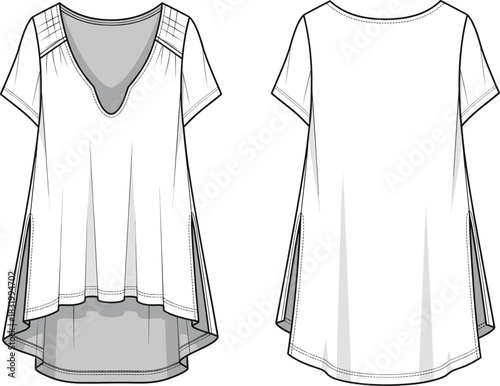 Women’s top technical sketch, front and back view, scoop neckline, high-low hem, pleated shoulder detail, fashion flat, garment construction illustration