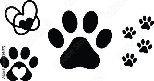 Black paw prints and heart icons symbolizing pet love and care
