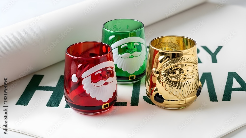 Fototapeta premium Festive Holiday Collection Adorable Santa Claus Themed Glassware for Seasonal Celebrations and Decor