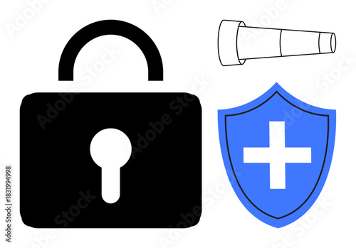 Black padlock, blue shield with white cross, and telescope. Ideal for security, privacy, exploration, healthcare, defense safeguarding trust themes. Simple flat metaphor