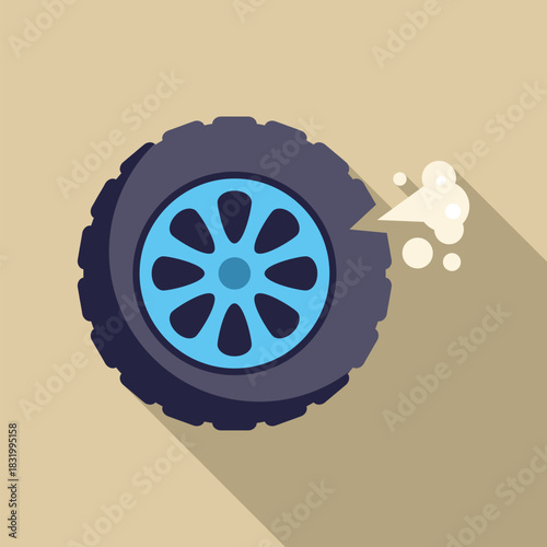 Car wheel experiencing a flat tire with air escaping and a long shadow