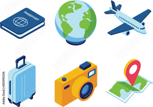 Isometric Travel and Tourism Icon Set Global Vacation and Adventure.