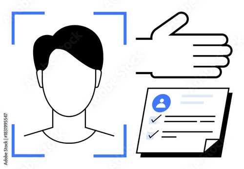 Face recognition within scanning frame, hand gesture, and profile documents with checkmarks. Ideal for authentication, security, biometrics, identity, verification, approval privacy simple flat