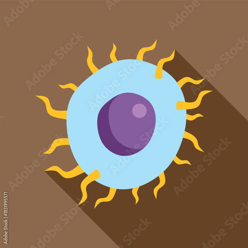 Microorganism cell with nucleus and flagella on a brown background