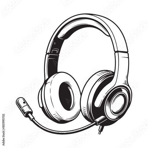 Detailed sketch of a gaming headset with microphone perfect for representing audio equipment communication and online gaming experiences