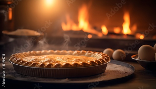 soft blurred heat lights with hot homemade pie releasing steam for use in food advertising