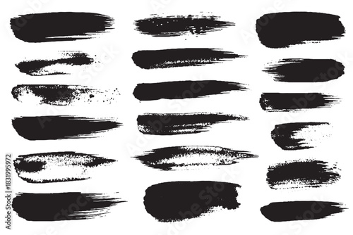 Variety Set of Horizontal Black Paint Brush Strokes and Ink Swatches