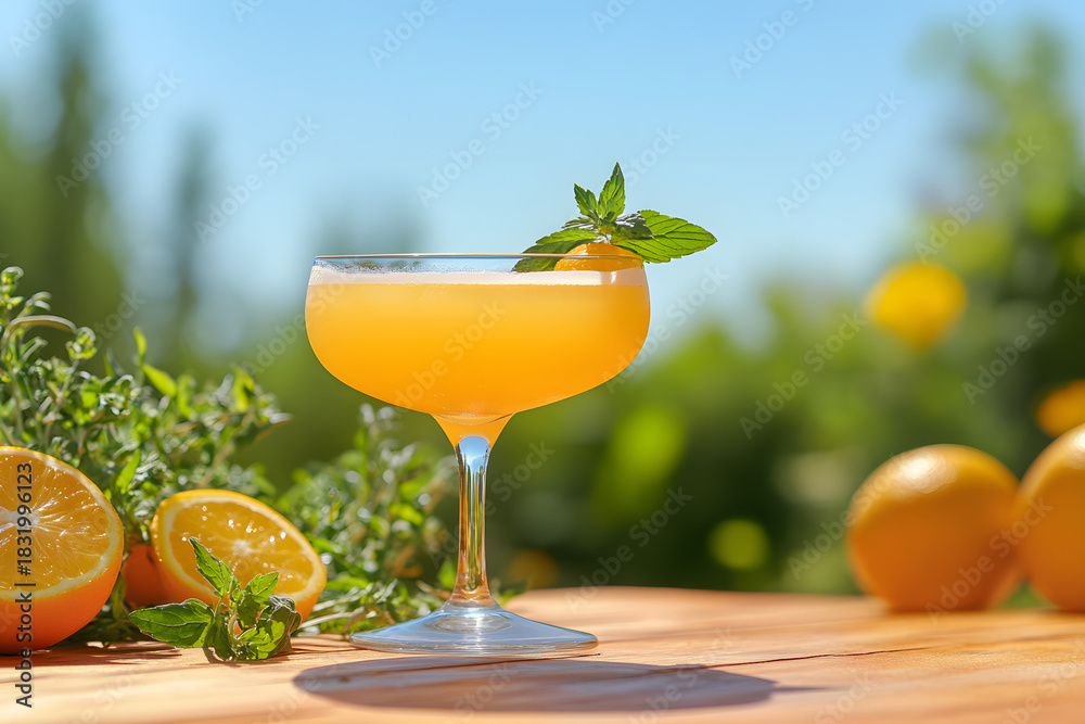 Fototapeta premium Refreshing Orange Cocktail in Coupe Glass with Mint Garnish Outdoors