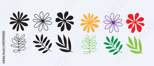 Colorful Hand Drawn Floral and Leaf Vector Graphic Design Elements