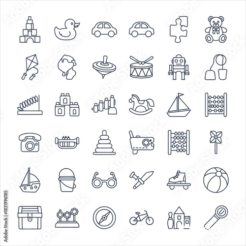 Collection of line art icons representing various children's toys and play items vector