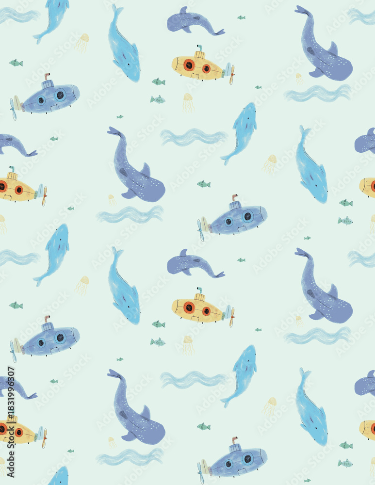 Naklejka premium Whale seamless pattern with cute submarines and fish