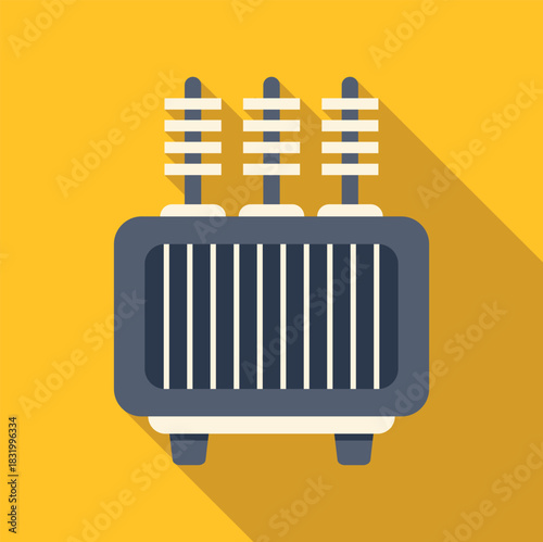 Transformer facilitating electricity distribution with long shadow on yellow background