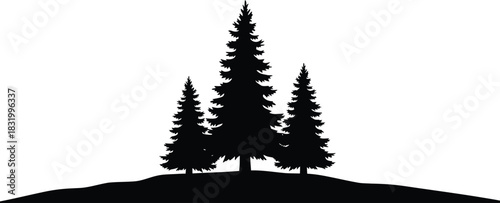 Silhouette of three evergreen trees on a small hill against a stark white background in a simple design