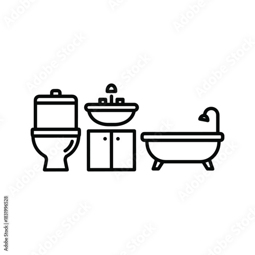 Bathroom Fixtures Icons Set: Toilet, Sink, and Bathtub