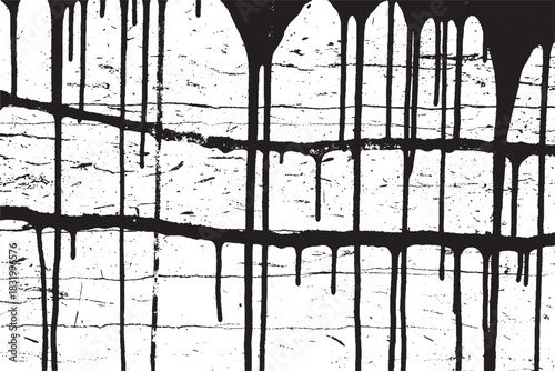 Black Paint Drips and Runs on Distressed Lined Wall Texture