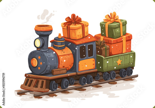 Vector illustration of a festive toy train carrying colorful gift boxes, isolated on a white background