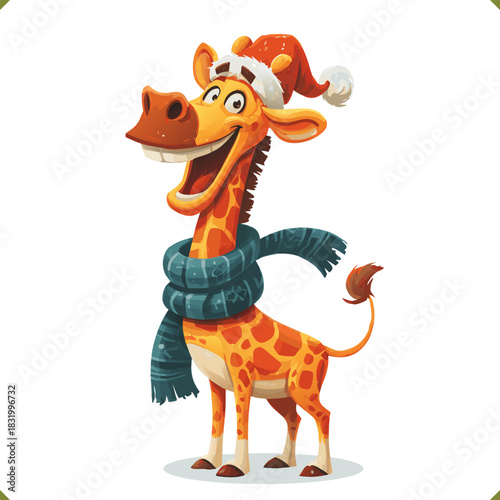 Vector illustration of a cheerful winter giraffe wearing a hat and scarf, isolated on a white background