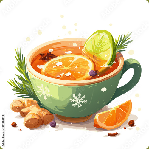 Vector illustration of a cup of spiced tea with lemon slices, ginger, isolated on a white background. Vector illustration of winter aromatic beverage