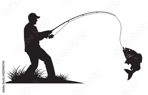 Silhouette of a determined fisherman reeling in a large leaping fish from the water on a white background