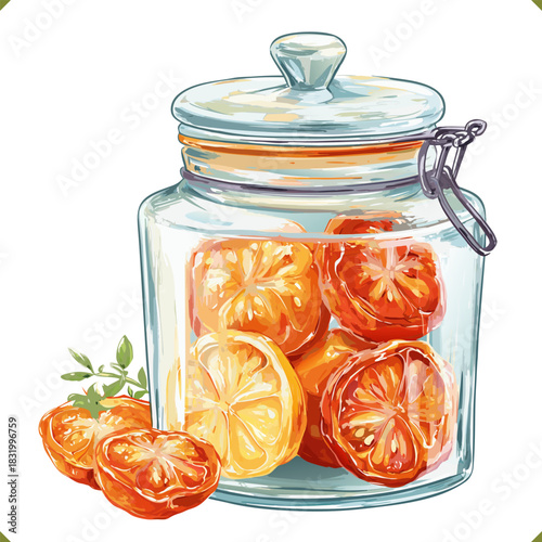 Vector illustration of sun-dried tomatoes. Vector illustration of a glass jar filled with red and yellow tomatoes, isolated on a white background