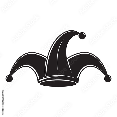 A black silhouette of a classic jester hat with three points and dangling pom poms isolated on a white background