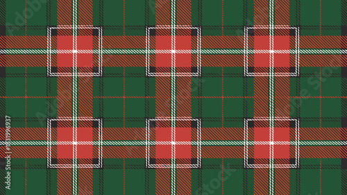 Traditional tartan plaid pattern with green red and white lines