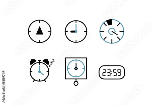 Clock icons representing time concepts and digital display
