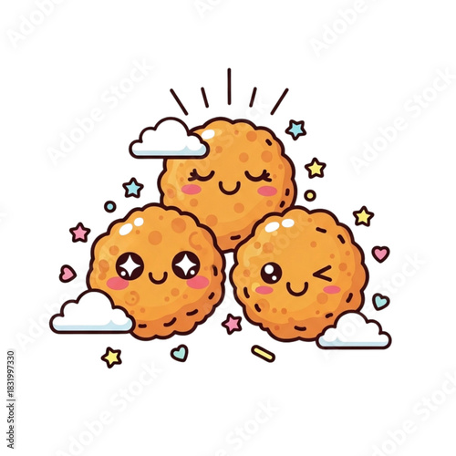 Adorable cartoon tater tots with happy faces surrounded by stars and clouds, perfect for kids menus, food blogs, or cute food illustrations