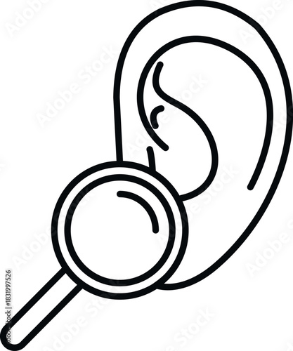 Human ear with a magnifying glass examining for hearing screening and audiology checkup