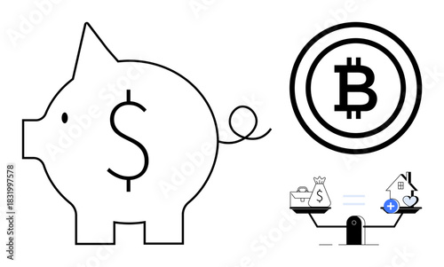 Wallpaper Mural Financial balance concept. Visual elements include a piggy bank, Bitcoin symbol, and scales balancing savings and investments. Financial planning, savings, digital currency, and investments explored Torontodigital.ca