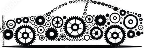 Black car silhouette made of gears and cogs on white