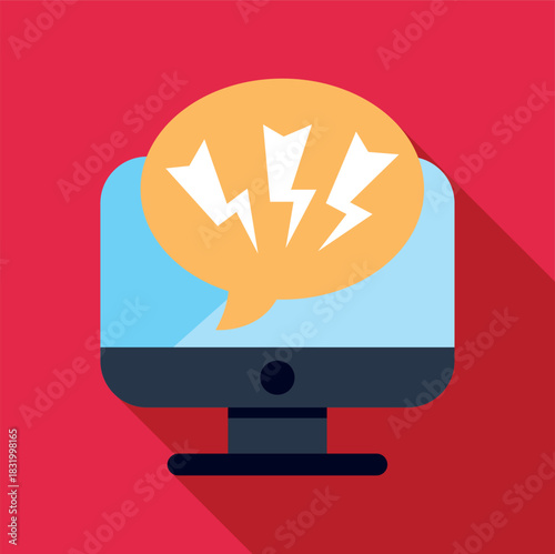 Computer screen showing an angry speech bubble with lightning bolts representing online conflict