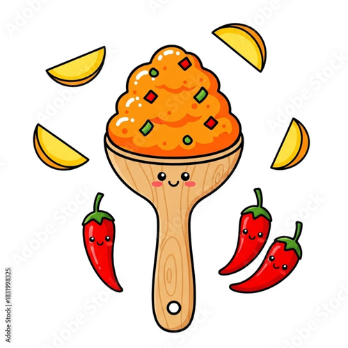 Whimsical wooden spoon filled with delicious stir-fry, surrounded by chili peppers and mango slices, perfect for a playful foodie design
