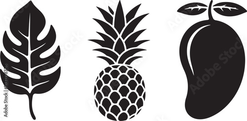 hand drawn vector illustration of palm leave, pineapple and mango
