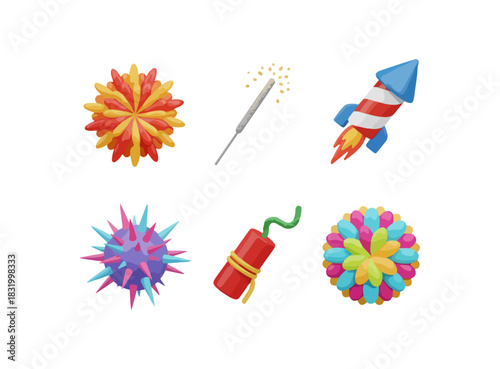 Colorful fireworks and pyrotechnics collection on black background