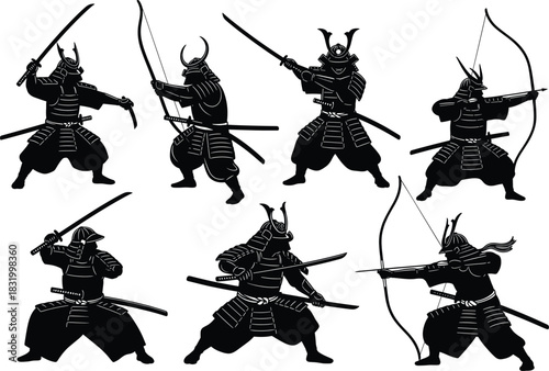 Seven silhouetted samurai warriors, traditional armor, katana sword, yumi bow, combat stance, Japanese martial arts, historical warrior culture