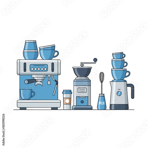 Stylish minimal illustration showcasing a variety of coffee-making appliances and tools