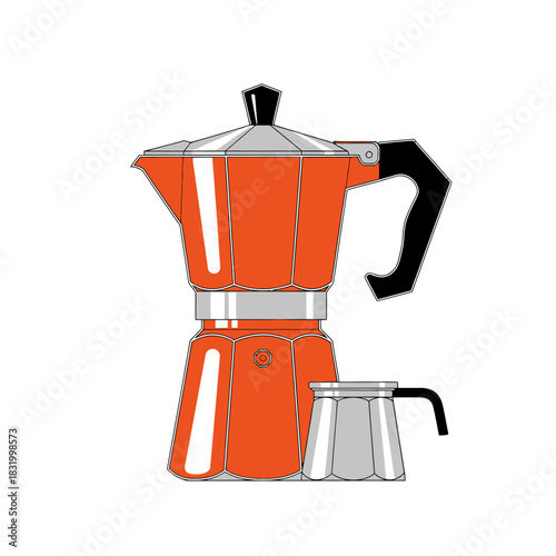 Illustrative rendering of a vibrant orange moka pot alongside a smaller milk frother for espresso