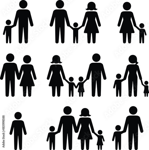 Diverse family units and parenting concept stick figure icons