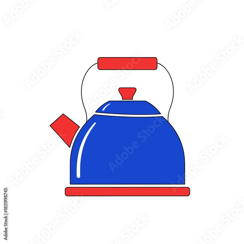 Stylized Tea Kettle Illustration in Bold Blue and Red Against a White Backdrop