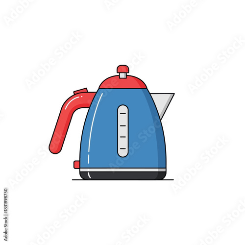 Modern blue electric kettle illustration with red accents against a white backdrop