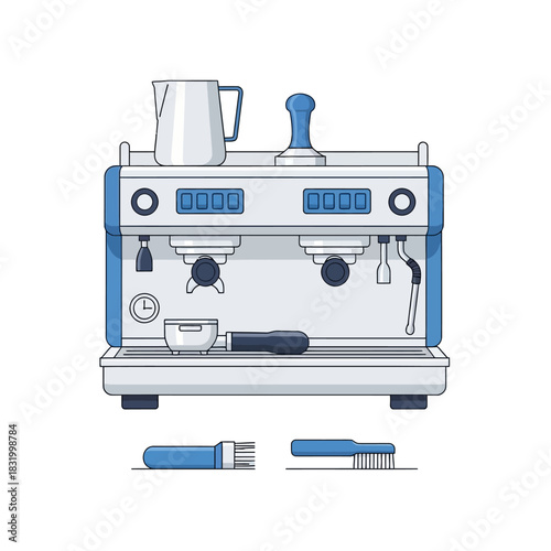 Stylized minimalist illustration of a coffee machine preparing espresso drinks and kitchen utensils