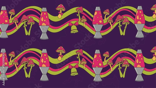 Groovy Psychedelic Christmas Pattern with Lava Lamps and Mushrooms