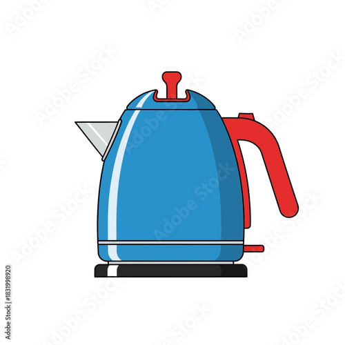 Vibrant blue electric kettle illustration with red accents, kitchen appliance icon design element