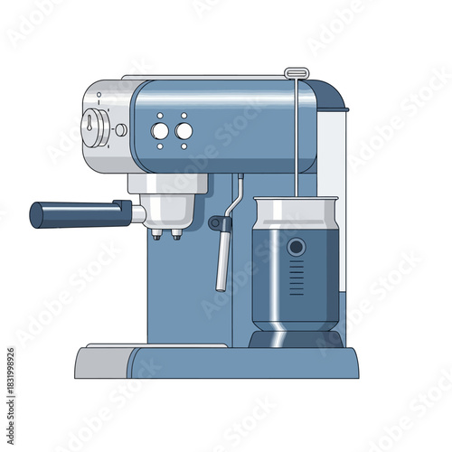 Stylized illustration of a blue and white domestic espresso machine for home use providing coffee