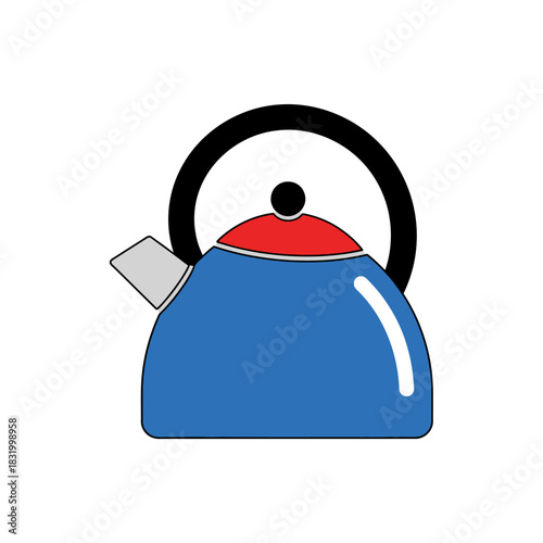 Stylized blue kettle with red lid and black handle illustration on white surface