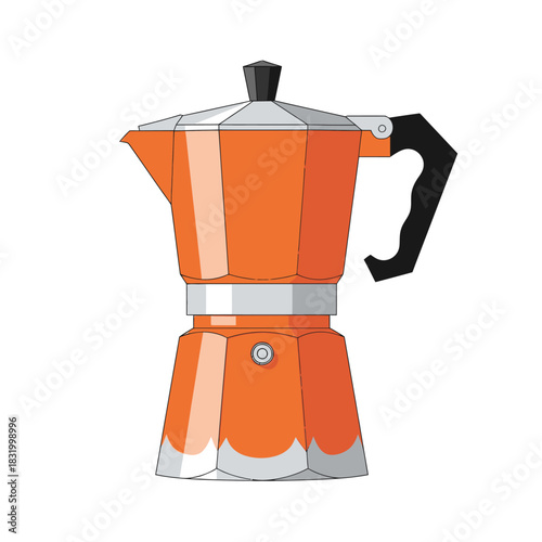 Stylized illustration featuring a moka pot in orange and silver with vector graphics